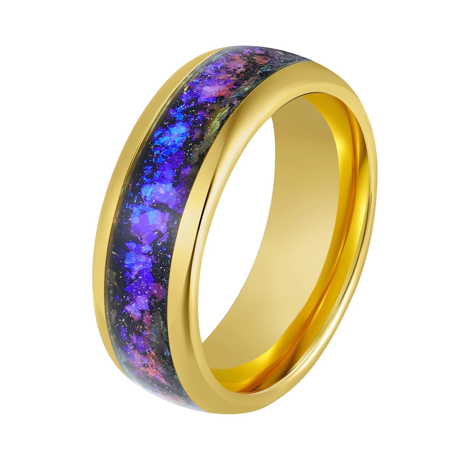 Tungsten Carbide Gold Ring with Blue Nebular Inlay