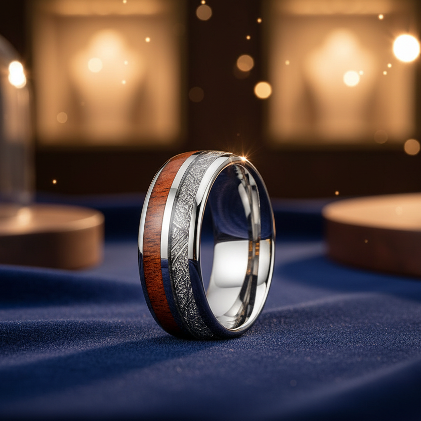 Tungsten Carbide Ring with Meteorite & Wood Inlay 
