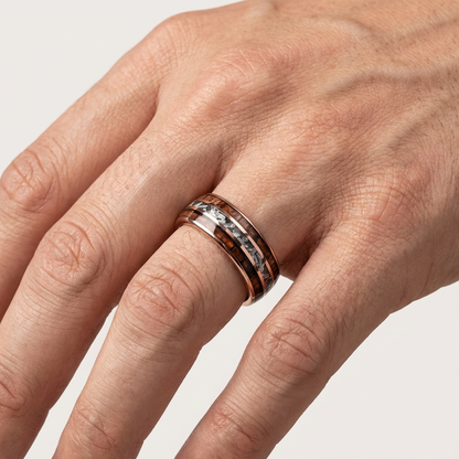 Tungsten Carbide Ring – Koa Wood & Meteorite Inlay