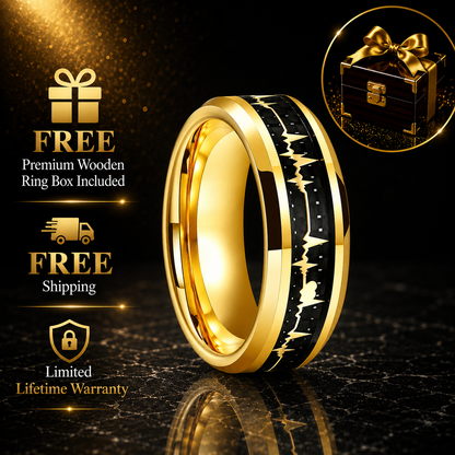 8mm Tungsten Carbide Ring with Carbon Fiber Inlay Gold Plated EKG Heartbeat