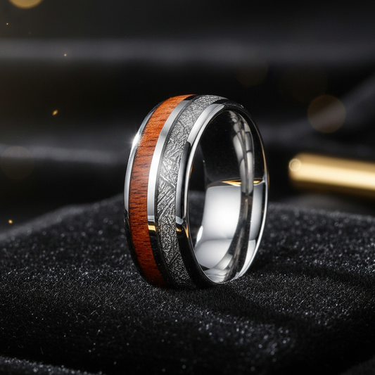 Tungsten Carbide Ring with Meteorite & Wood Inlay 