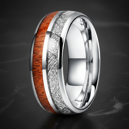 Tungsten Carbide Ring with Meteorite & Wood Inlay 