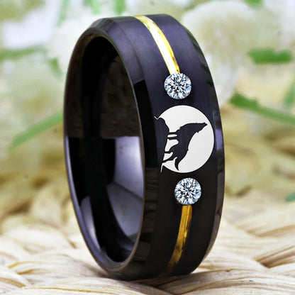 Tungsten Carbide Wolf Howling Moon Ring