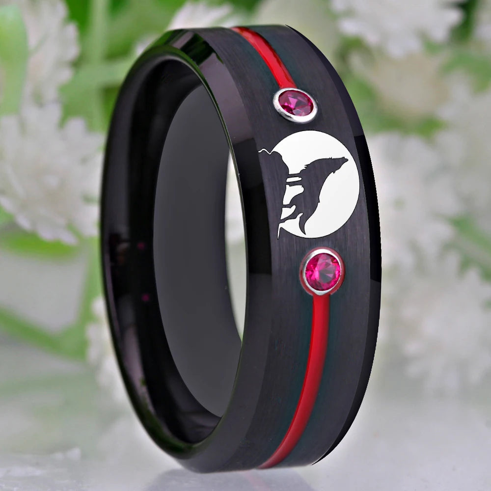 Tungsten Carbide Wolf Howling Moon Ring