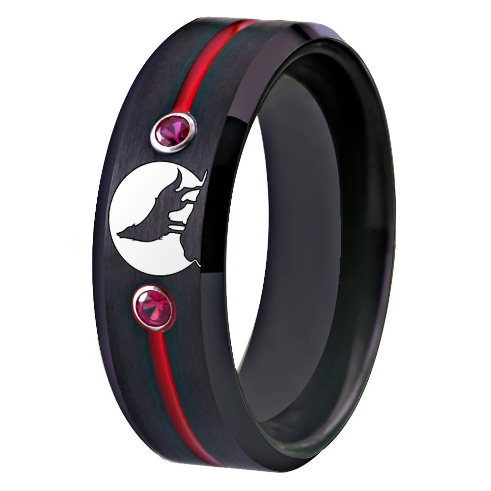 Tungsten Carbide Wolf Howling Moon Ring
