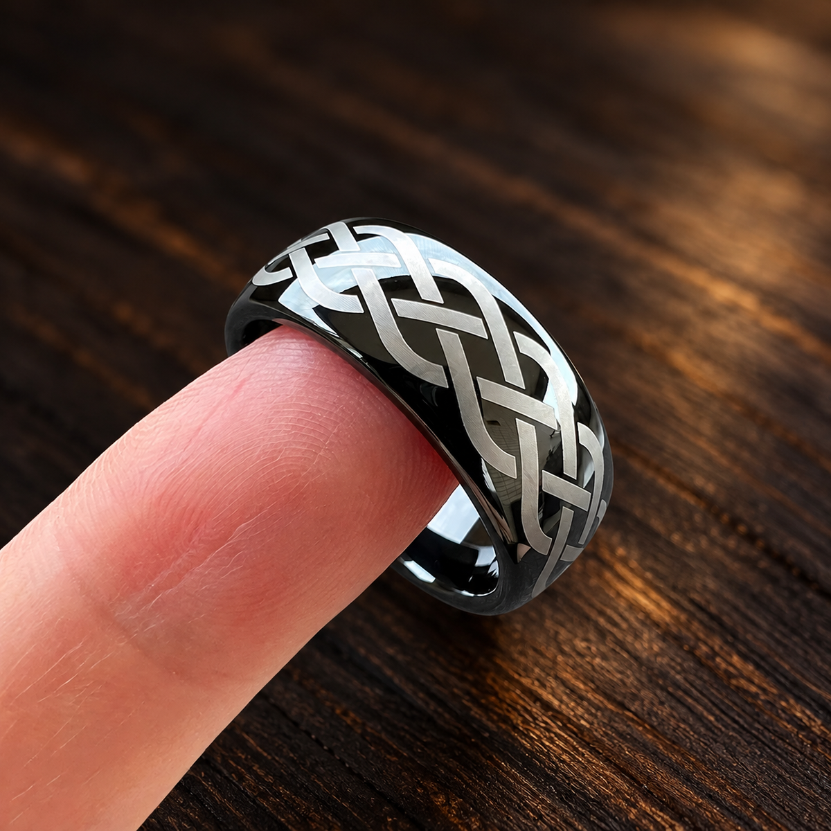 Black Tungsten Ring with Viking Celtic Knot Laser Engraving
