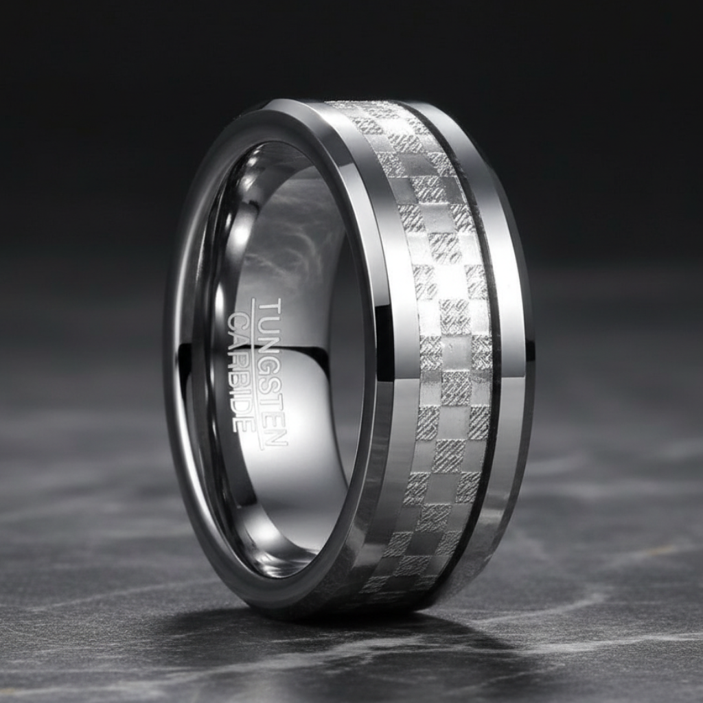 Checkered Steel Inlay Tungsten Ring