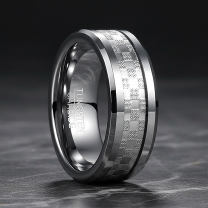 Checkered Steel Inlay Tungsten Ring