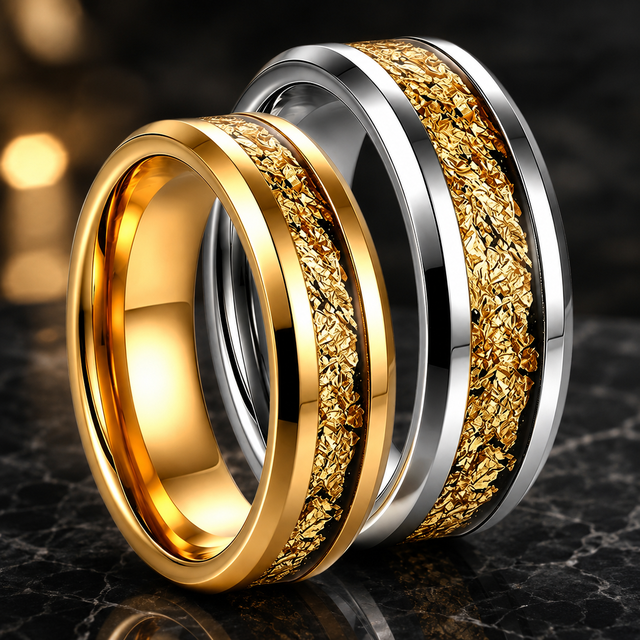 Tungsten Couple Ring Set with Gold Foil Inlay