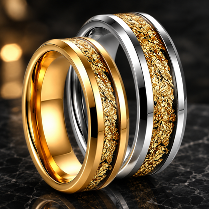 Tungsten Couple Ring Set with Gold Foil Inlay