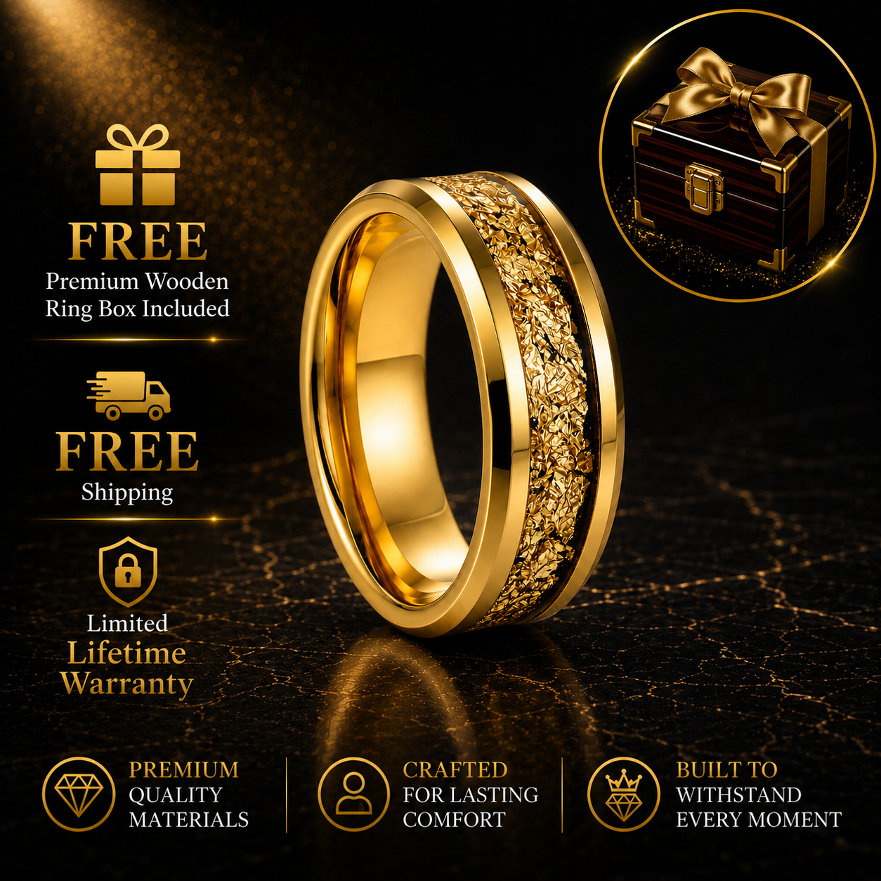 Tungsten Couple Ring Set with Gold Foil Inlay