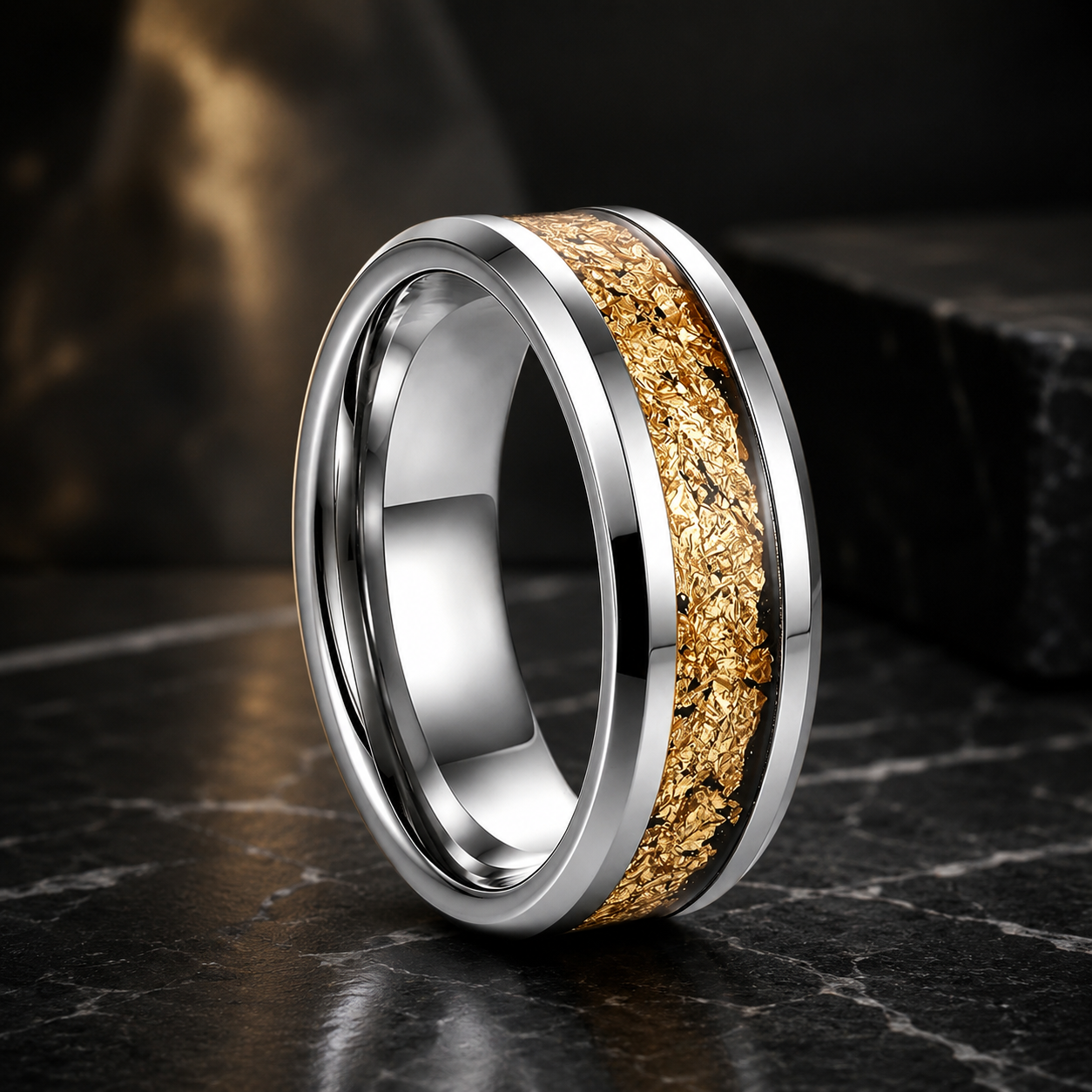Tungsten Couple Ring Set with Gold Foil Inlay