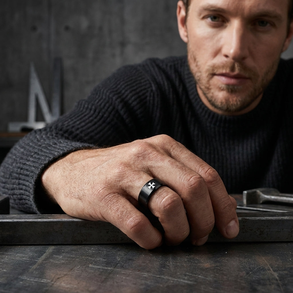 Black Tungsten Cross Ring 