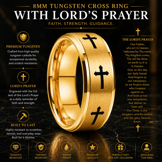 Tungsten Cross Ring with Lord’s Prayer (8mm)