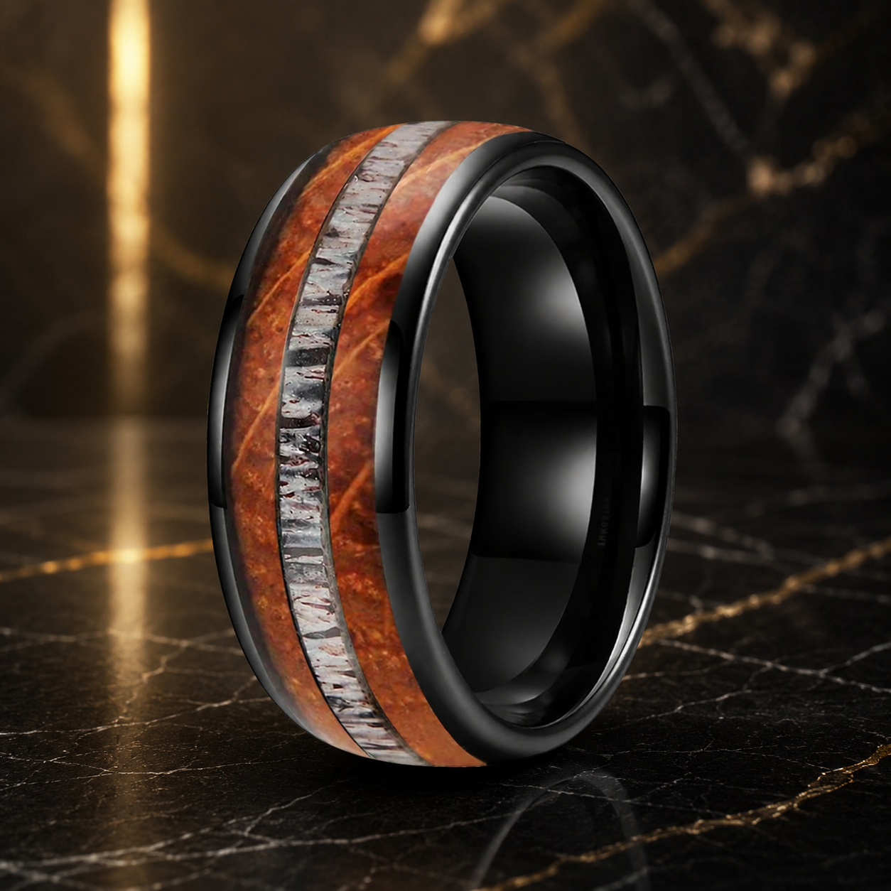 Tungsten Deer Antler and Whiskey Barrel Ring