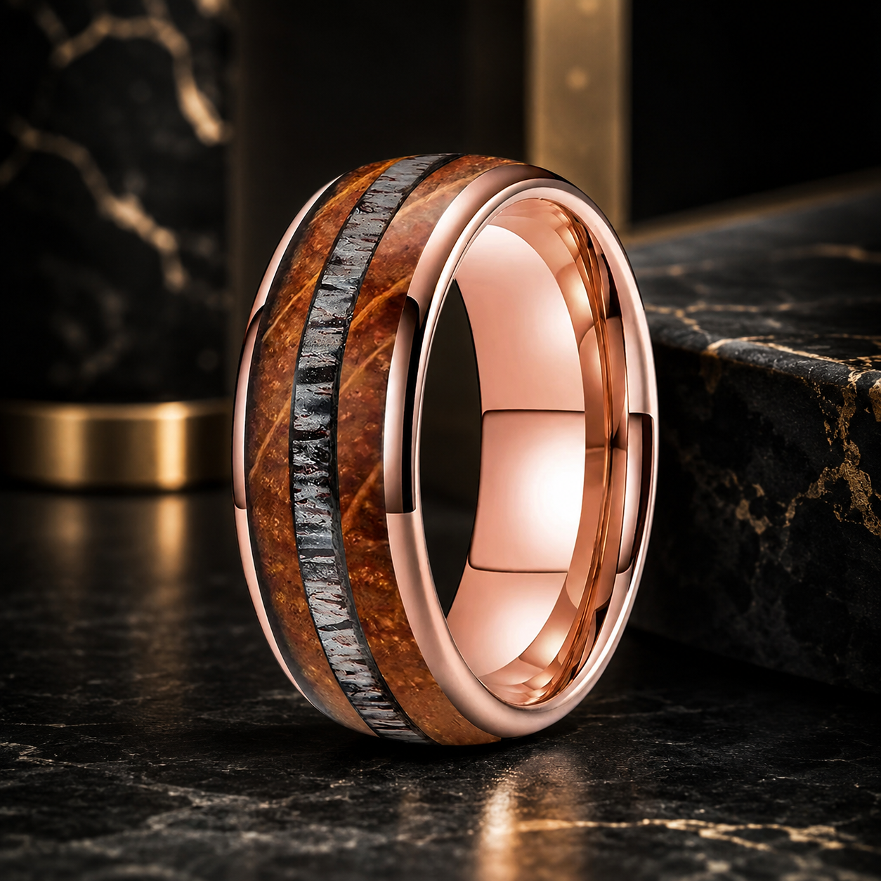Tungsten Deer Antler and Whiskey Barrel Ring