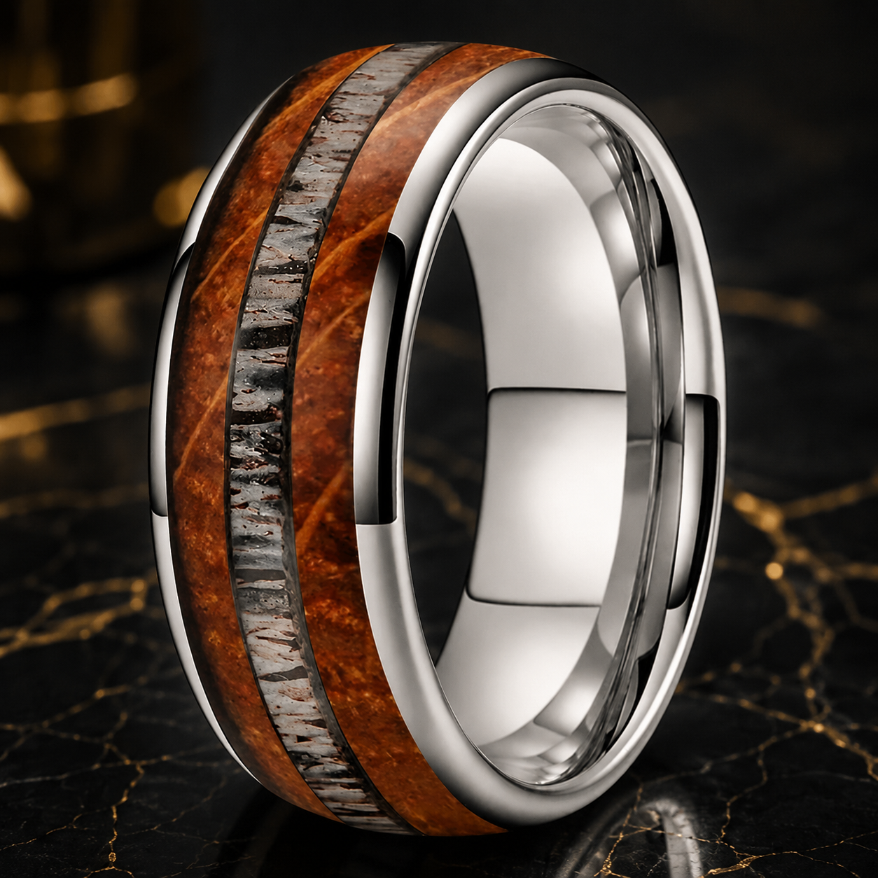 Tungsten Deer Antler and Whiskey Barrel Ring