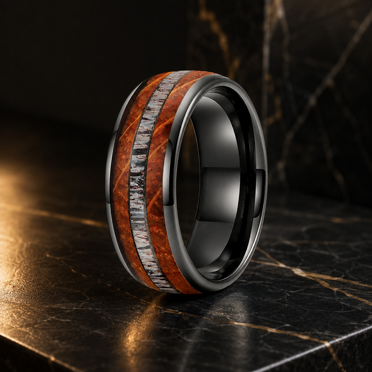 Tungsten Deer Antler and Whiskey Barrel Ring