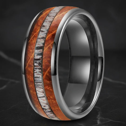 Tungsten Deer Antler and Whiskey Barrel Ring