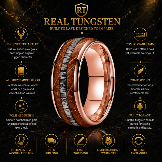 Tungsten Deer Antler and Whiskey Barrel Ring
