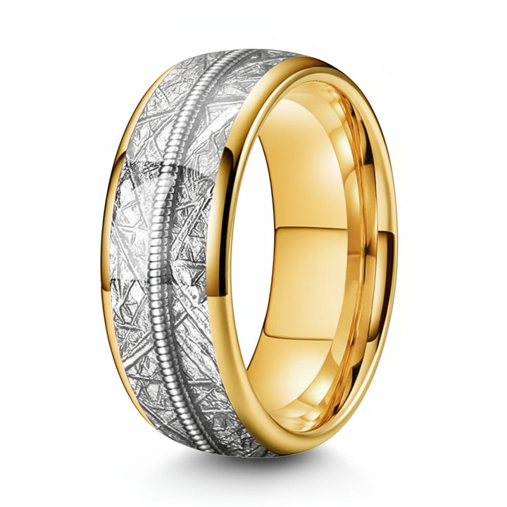 Tungsten Dome Ring with Meteorite and Guitar String Inlay