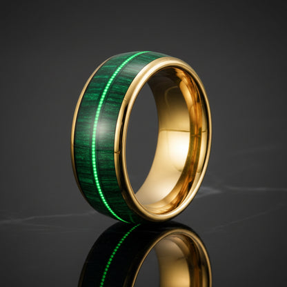 Tungsten Dome Ring with Green Wood and Guitar String Inlay