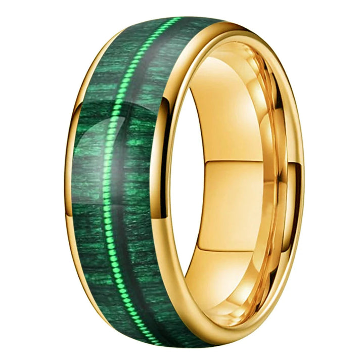 Tungsten Dome Ring with Green Wood and Guitar String Inlay