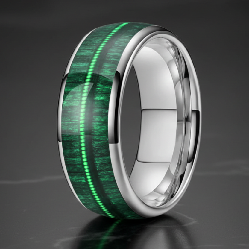 Tungsten_Dome_Ring_with_Green_Wood_and_Guitar_String_Inlay