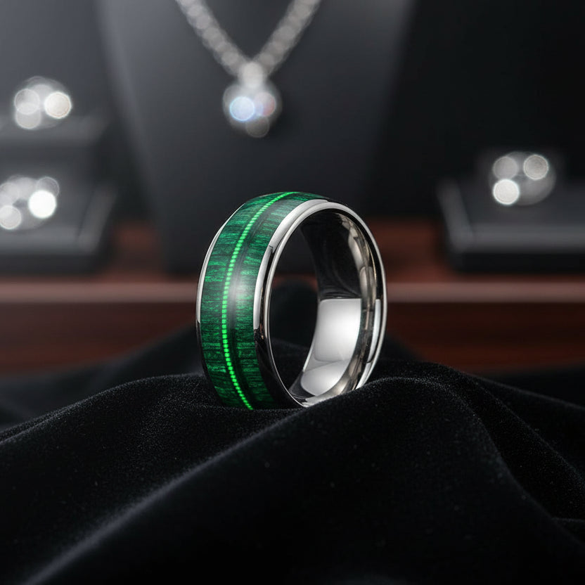 Tungsten Dome Ring with Green Wood and Guitar String Inlay
