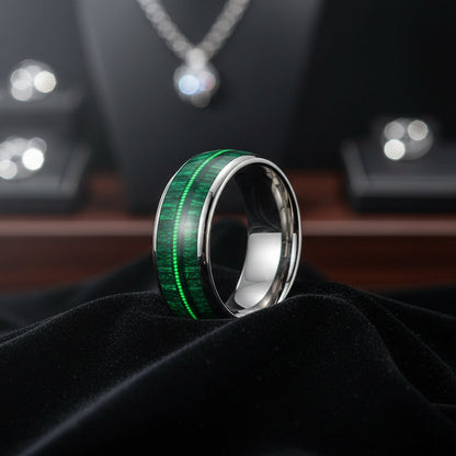 Tungsten Dome Ring with Green Wood and Guitar String Inlay