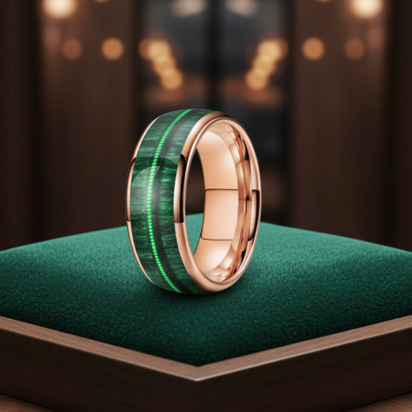 Tungsten Dome Ring with Green Wood and Guitar String Inlay