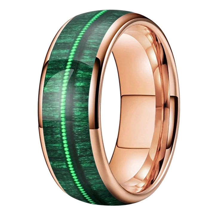 Tungsten Dome Ring with Green Wood and Guitar String Inlay