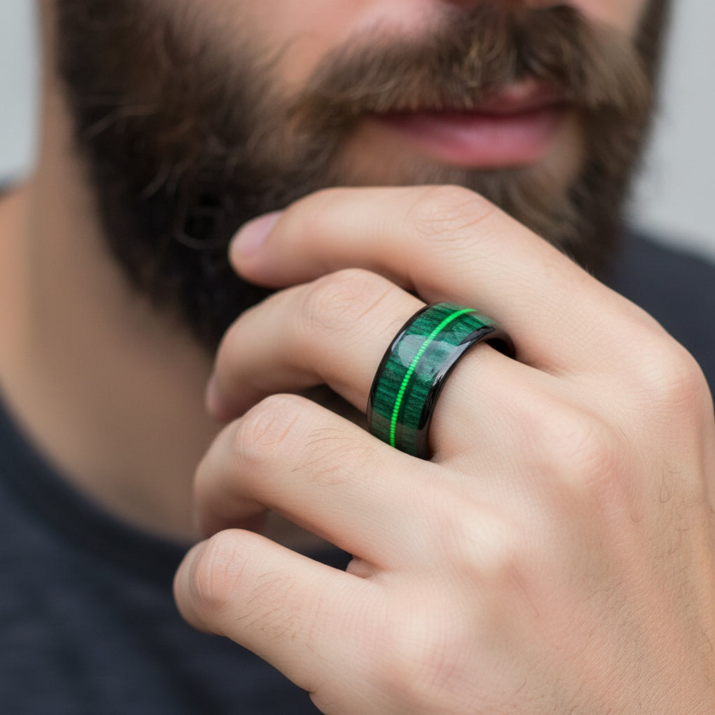 Tungsten_Dome_Ring_with_Green_Wood_and_Guitar_String_Inlay