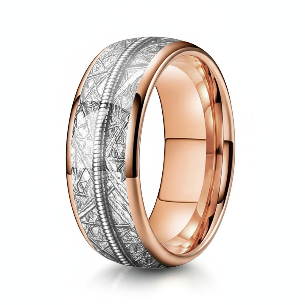 Tungsten Dome Ring with Meteorite and Guitar String Inlay