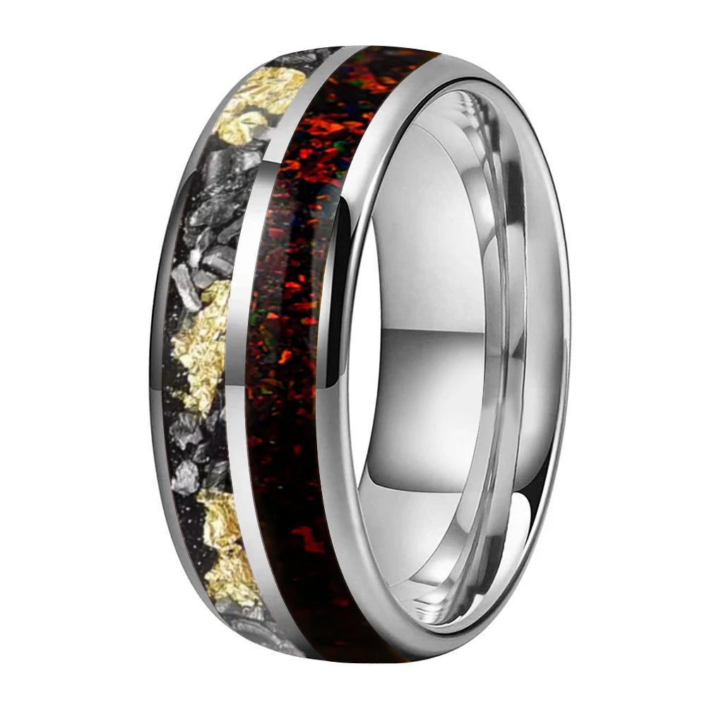 Tungsten Double Groove Ring with Red Opal & Gold Foil Inlay
