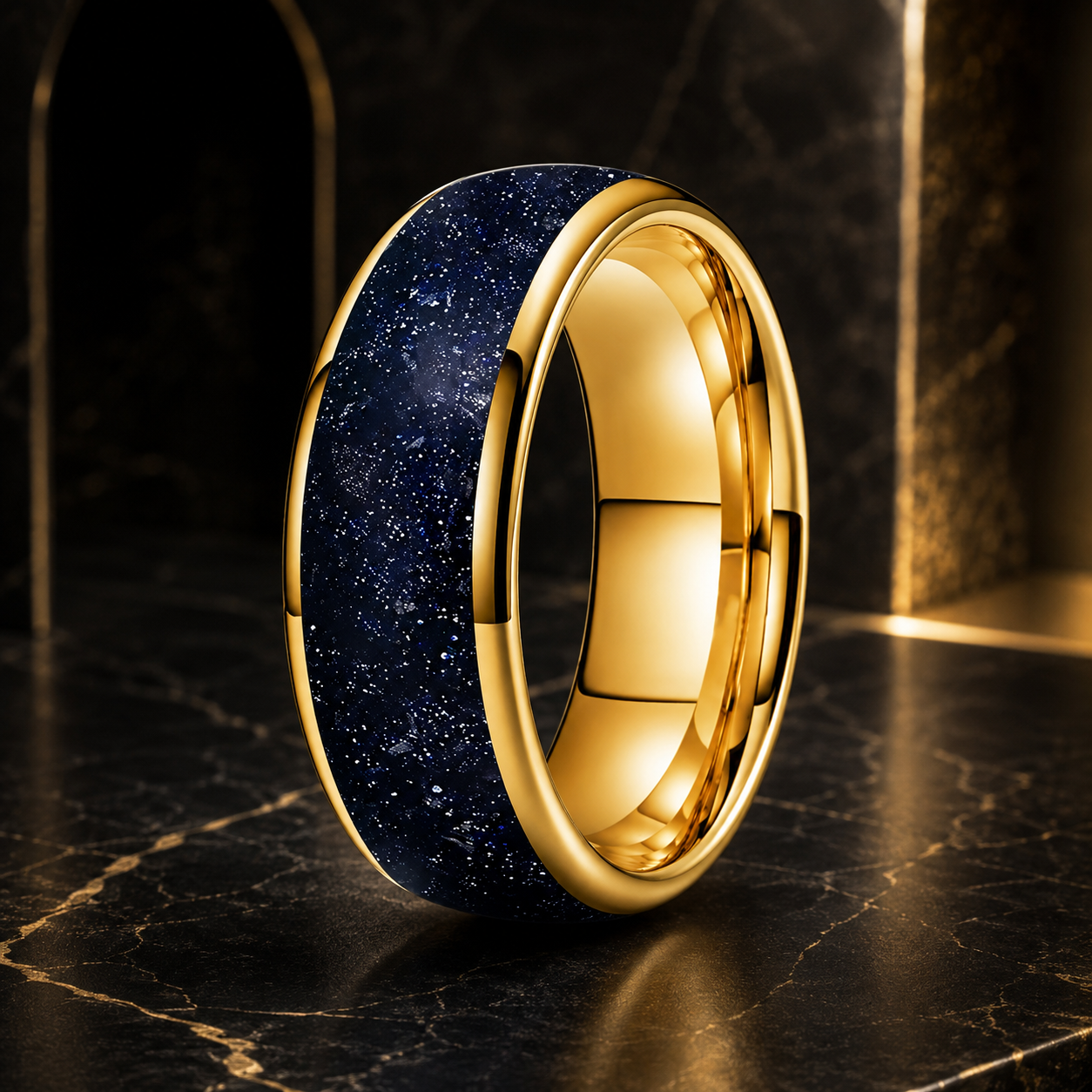 Tungsten Galaxy Ring with Blue Sandstone Inlay