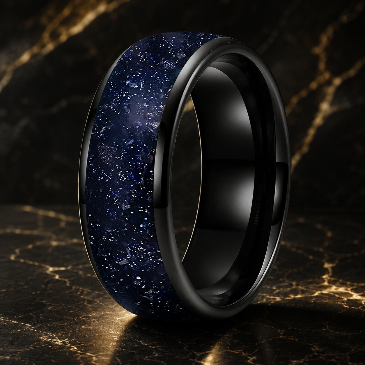 Tungsten Galaxy Ring with Blue Sandstone Inlay