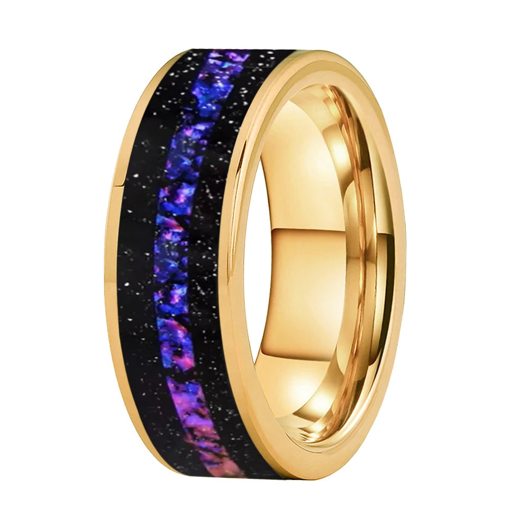 Tungsten Gold ring with purple and black inlay