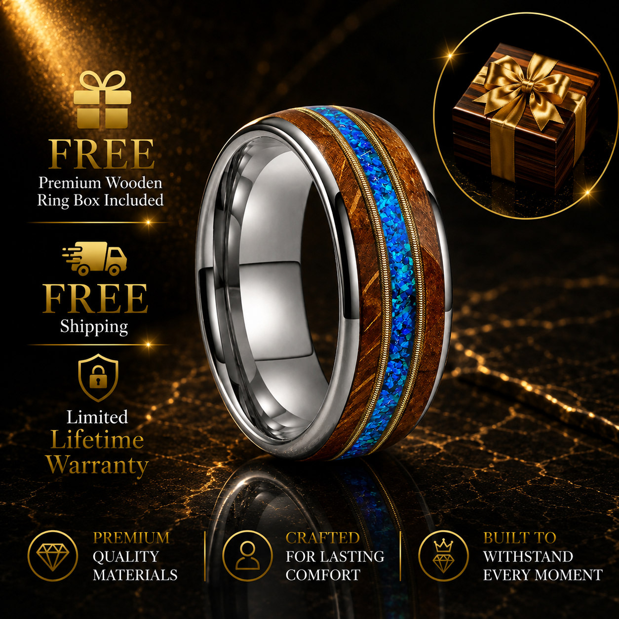 Tungsten Guitar String Ring with Wood and Blue Opal Inlay
