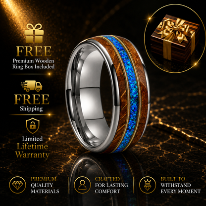 Tungsten Guitar String Ring with Wood and Blue Opal Inlay