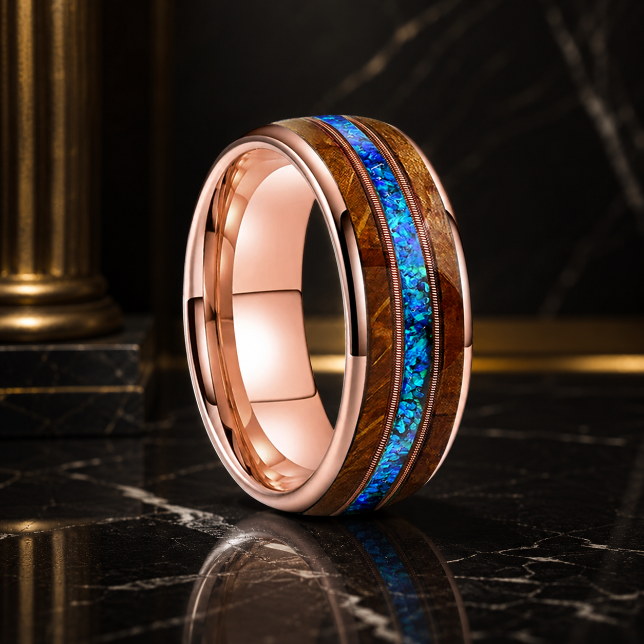 Tungsten Guitar String Ring with Wood and Blue Opal Inlay