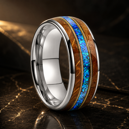 Tungsten Guitar String Ring with Wood and Blue Opal Inlay