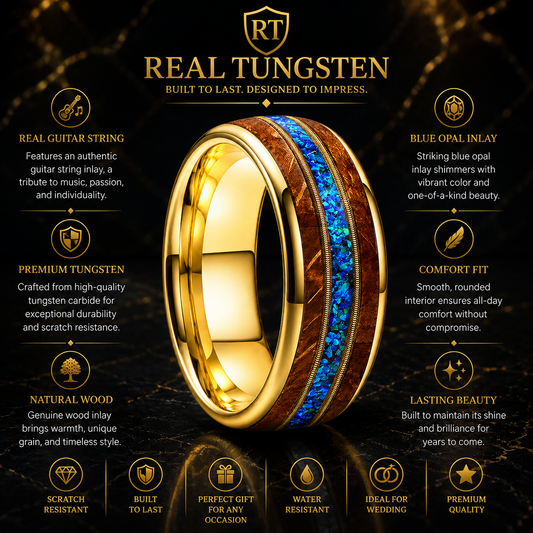 Tungsten Guitar String Ring with Wood and Blue Opal Inlay