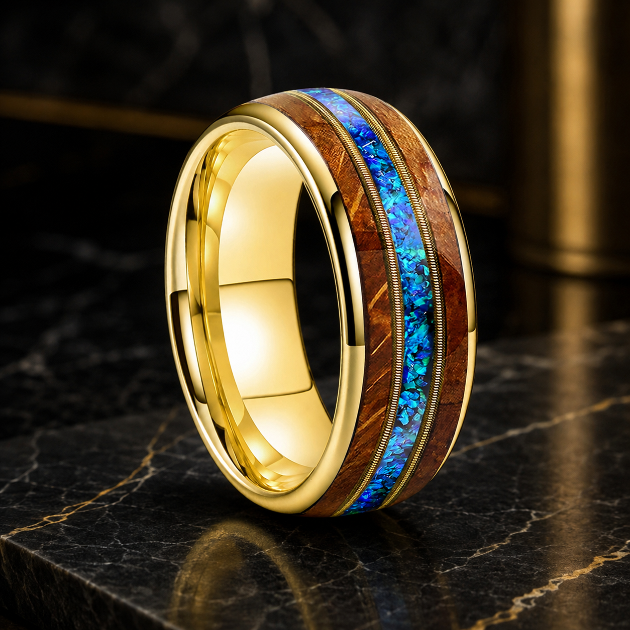Tungsten Guitar String Ring with Wood and Blue Opal Inlay