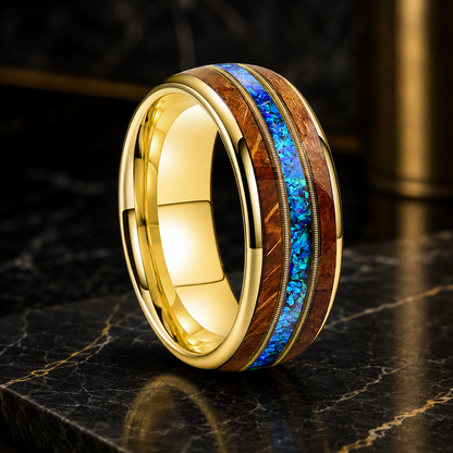 Tungsten Guitar String Ring with Wood and Blue Opal Inlay