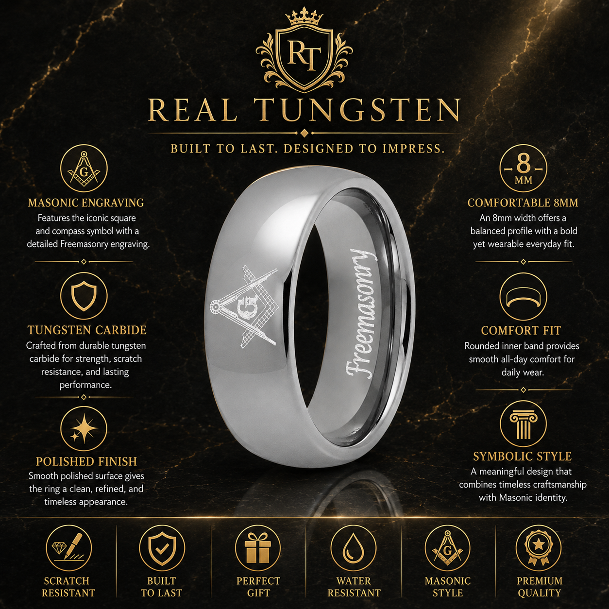 Tungsten Masonic Ring For Men