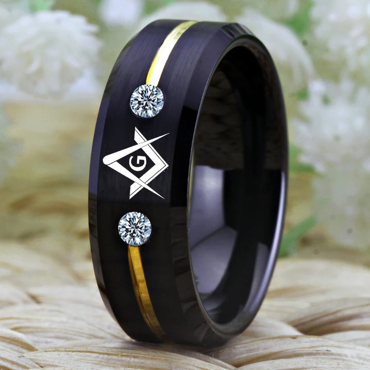Tungsten Masonic compass square ring