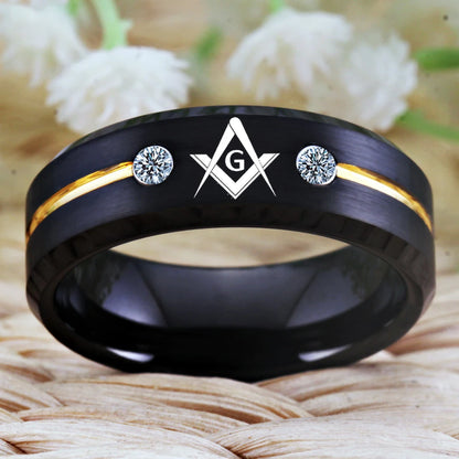 Tungsten Masonic compass square ring