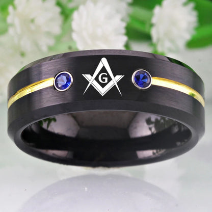 Tungsten Masonic compass square ring
