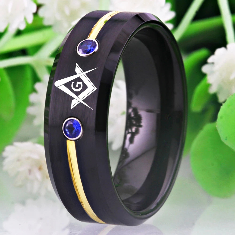 Tungsten Masonic compass square ring